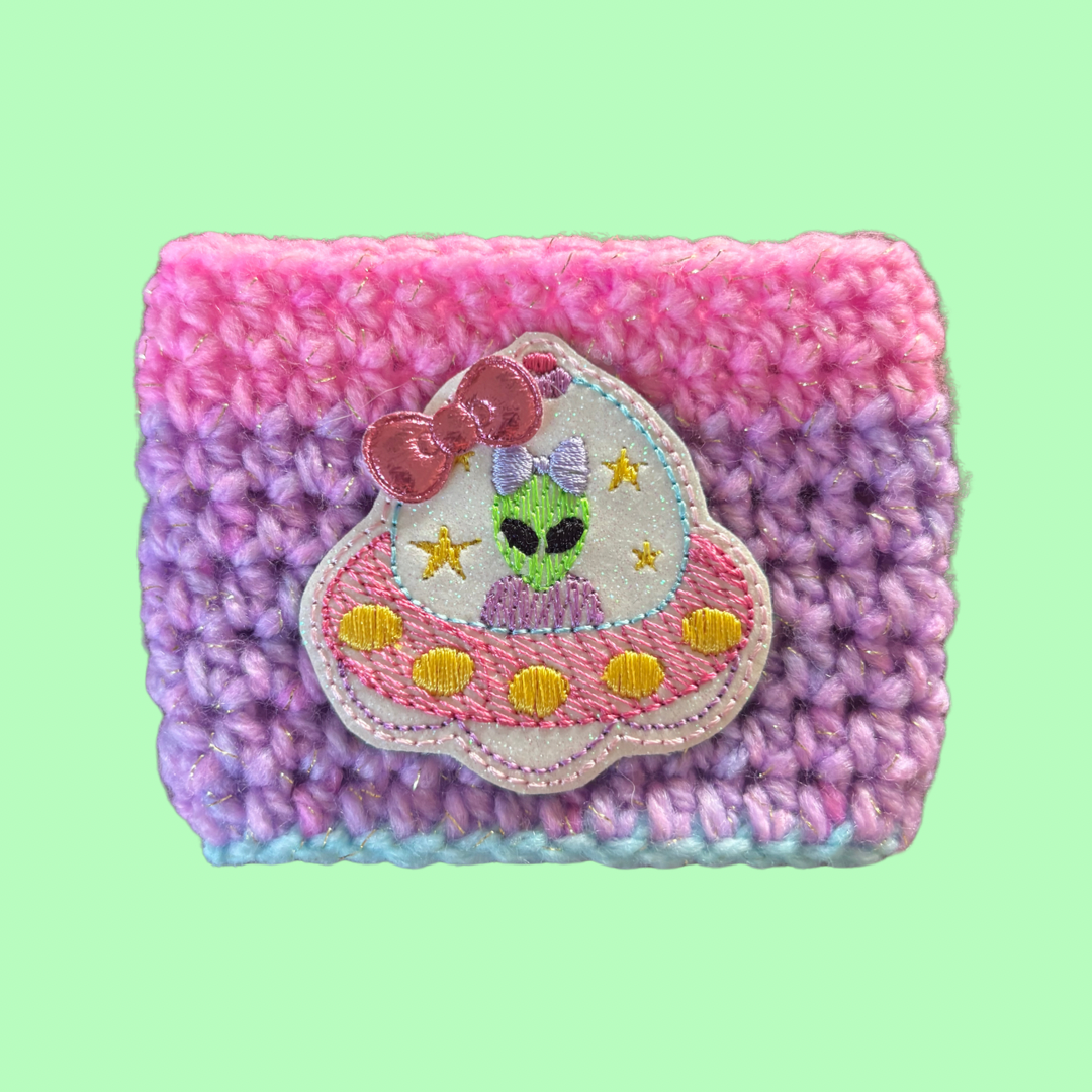 Spaceship Crochet Coffee Cozy with Glitter Embroidery Accent