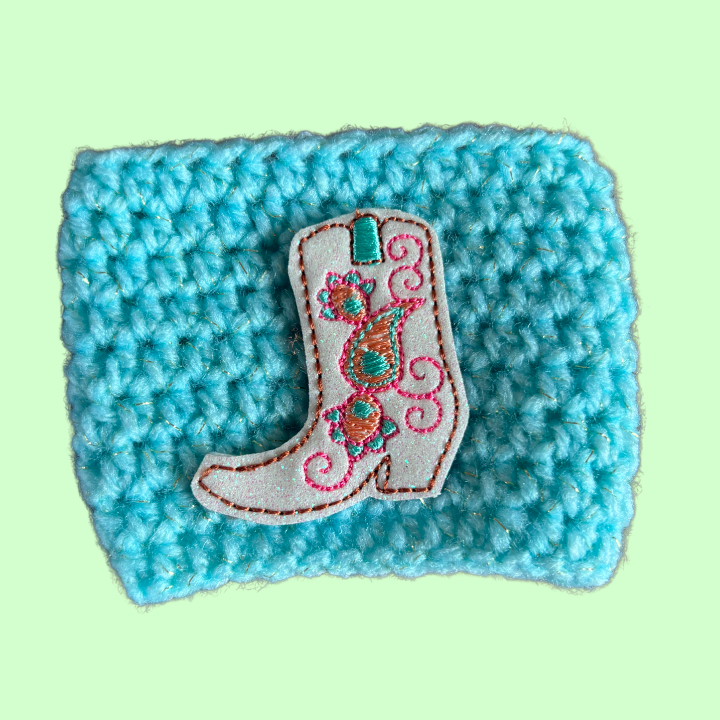 Cowgirl Boot Crochet Coffee Cozy with Glitter Embroidery Accent