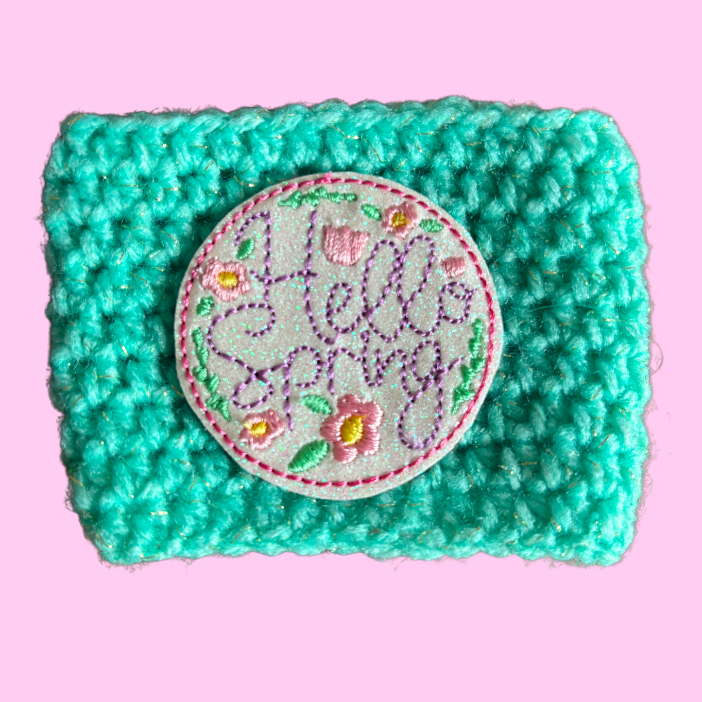 Hello Spring Crochet Coffee Cozy with Glitter Embroidery Accent