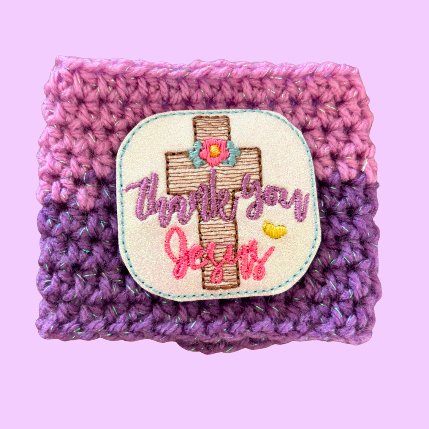 Thank You Jesus Crochet Coffee Cozy with Glitter Embroidery Accent