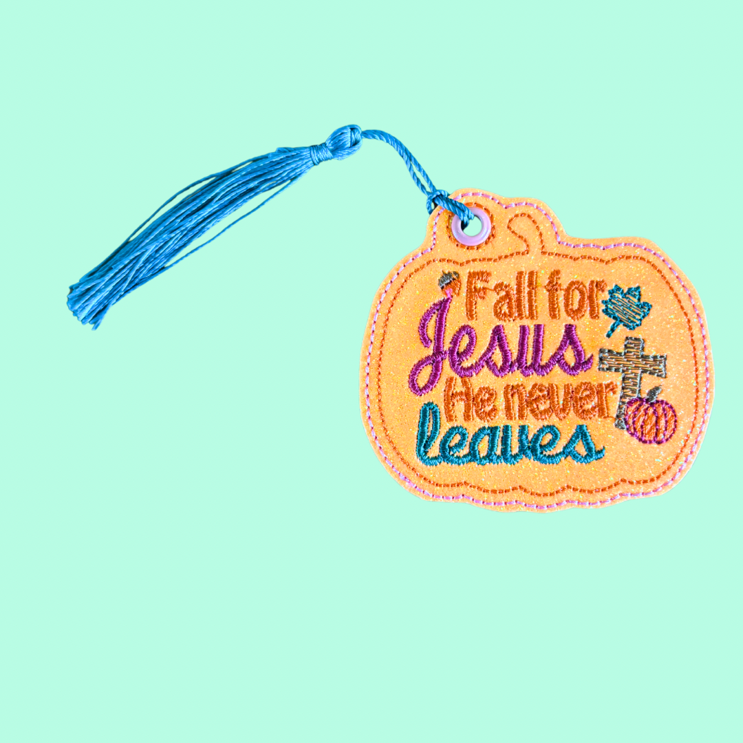 Fall for Jesus He Never Leaves Glitter Bookmark
