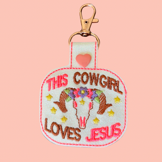 This Cowgirl Loves Jesus Glitter Keychain with Rose Gold Hardware