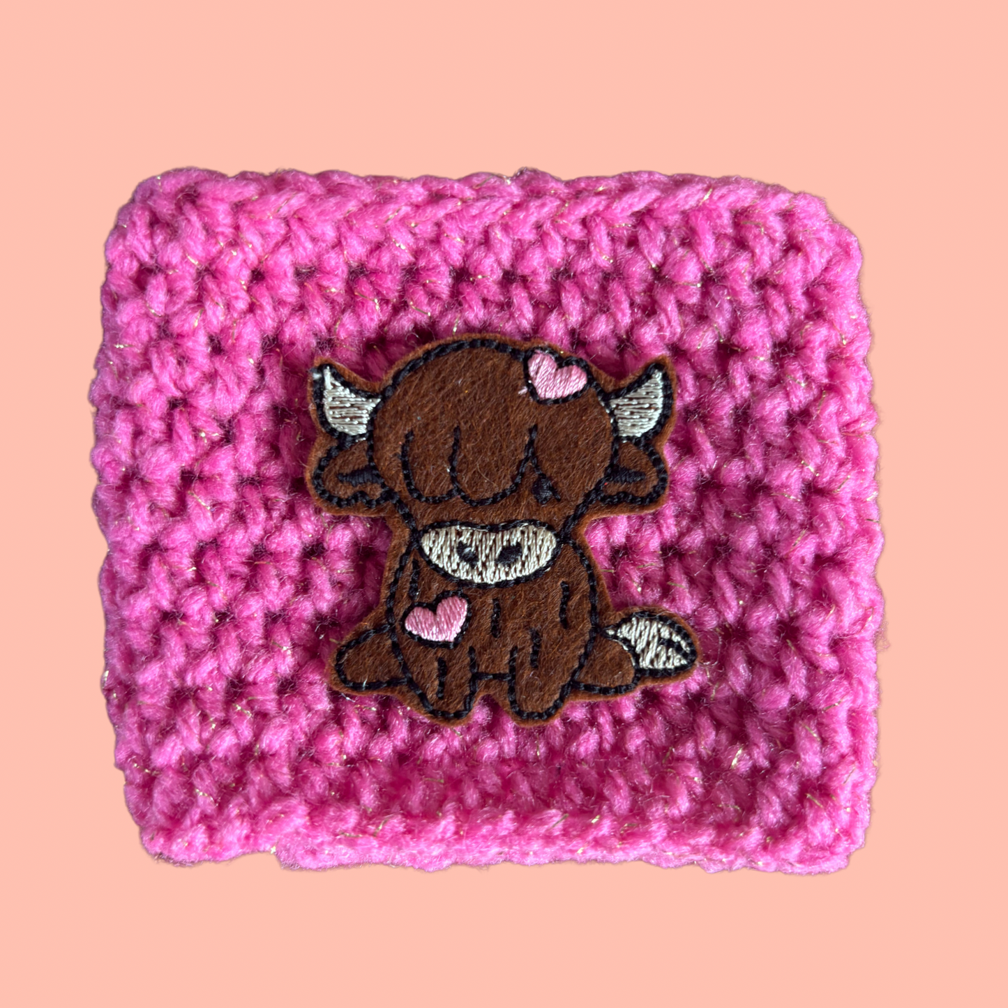 Brown Highland Cow Crochet Coffee Cozy with Embroidery Accent