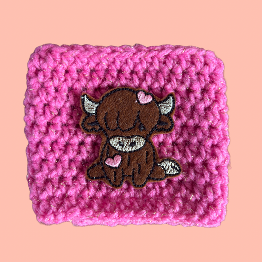 Brown Highland Cow Crochet Coffee Cozy with Embroidery Accent