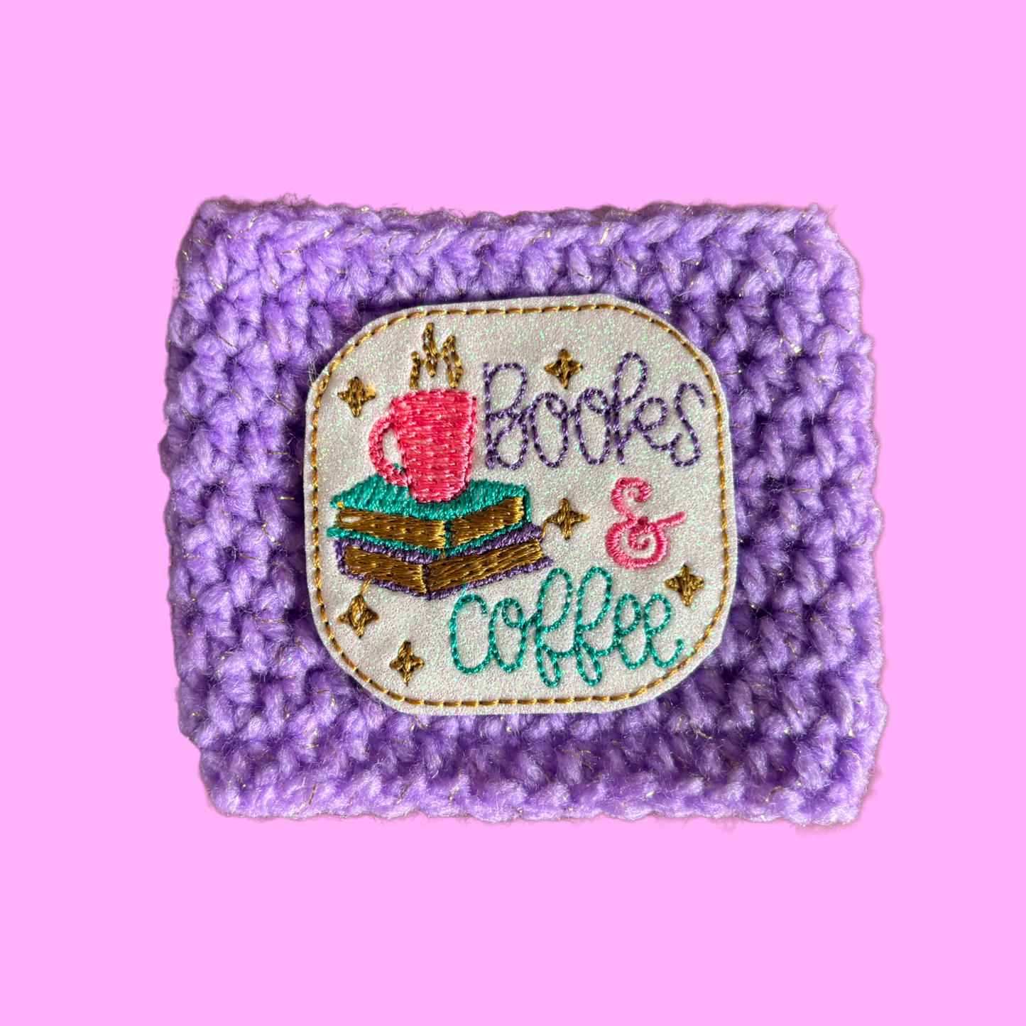Books & Coffee Crochet Coffee Cozy with Glitter Embroidery Accent