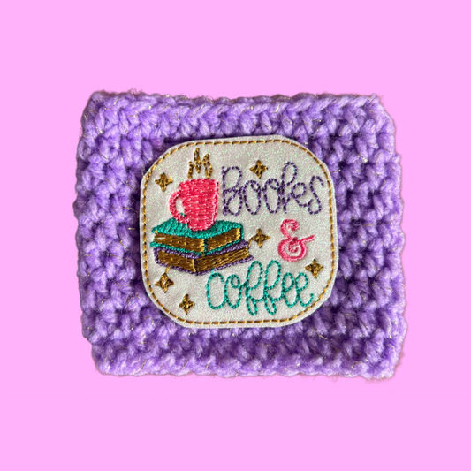 Books & Coffee Crochet Coffee Cozy with Glitter Embroidery Accent