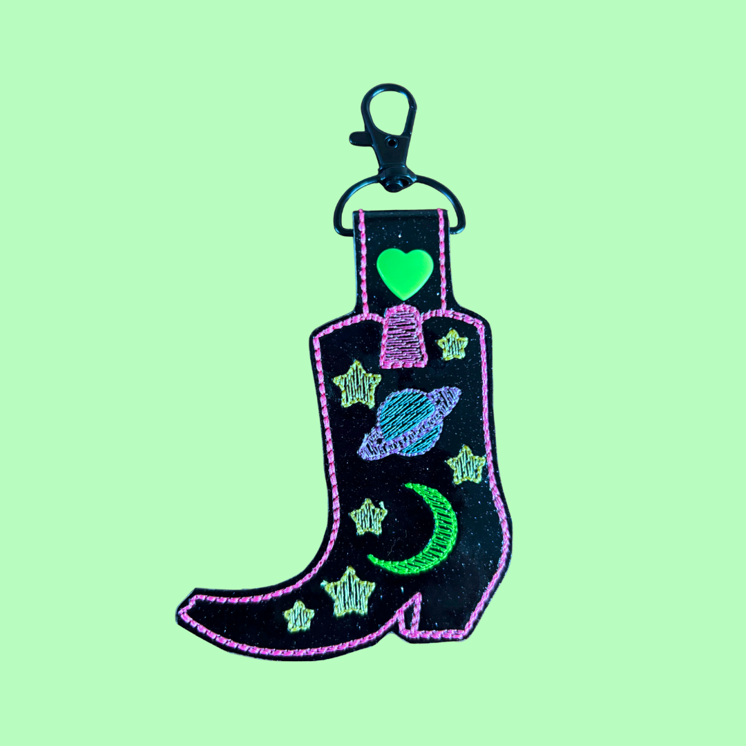 Space Cowgirl Boot Glitter Keychain with Matte Black Hardware